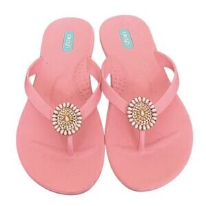 Oka B Ergonomic Sandal 8 Bejeweled Rhinestone Medallion Pink Flip Flops USA